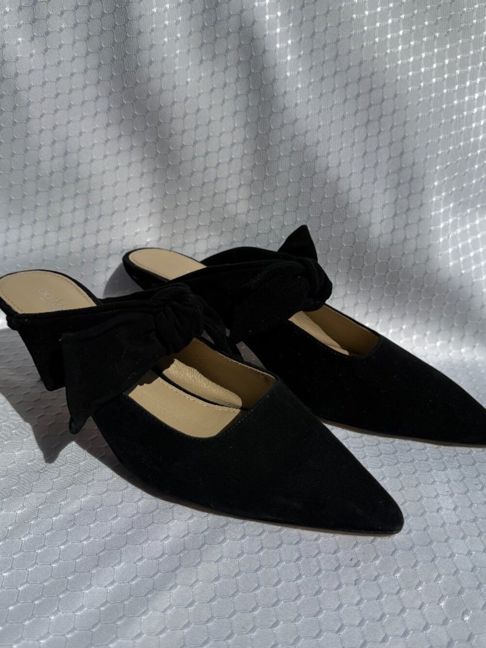 Botkier‎ New York Black Suede Pointed-Toe Mule Heels with Bow Detail — Size 8